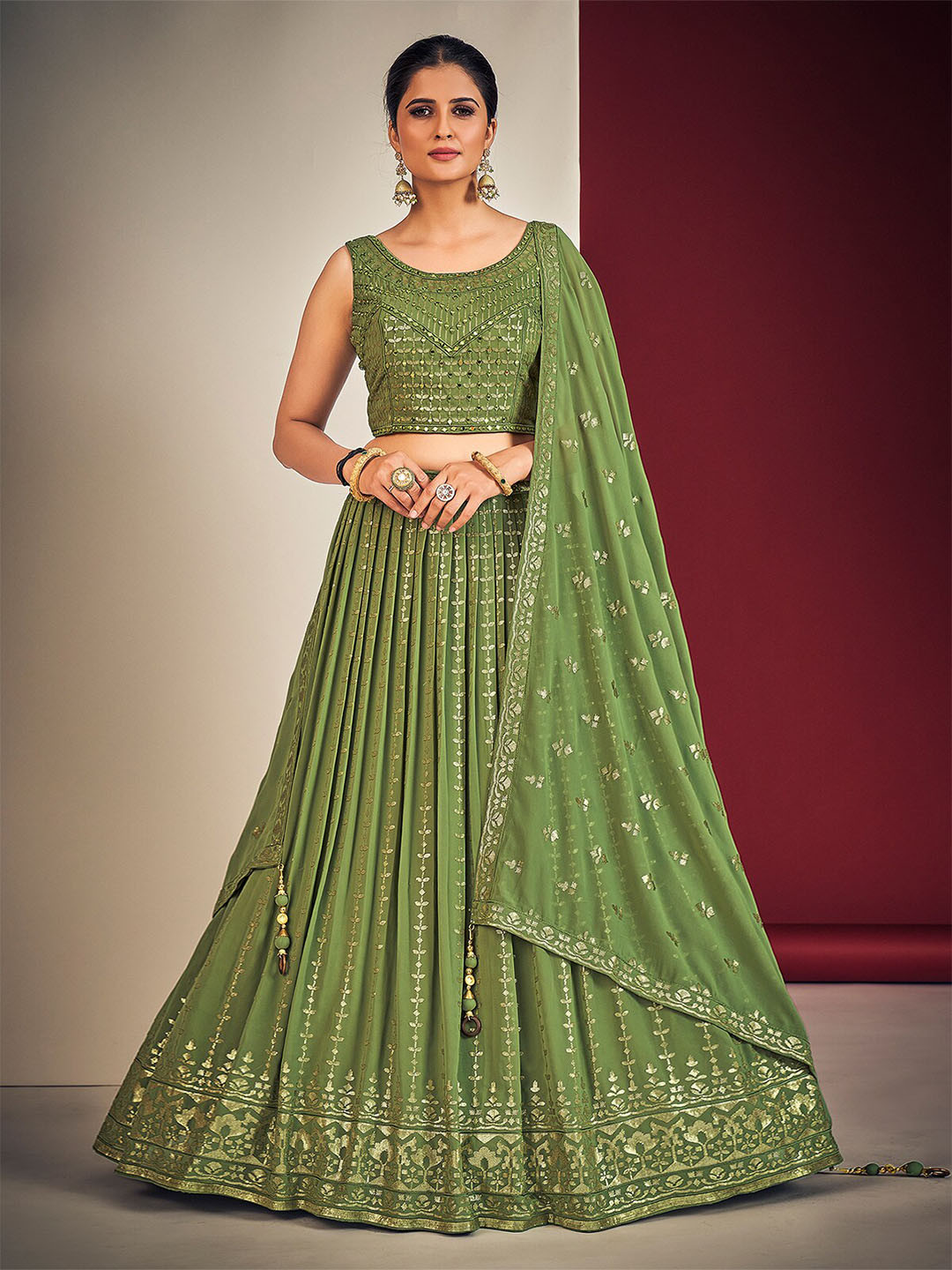 ODETTE Embroidered Mirror Work Georgette Ready to Wear Lehenga & Blouse With Dupatta, Green
ODETTE Embroidered Mirror Work Georgette Ready to Wear Lehenga & Blouse With Dupatta, Green