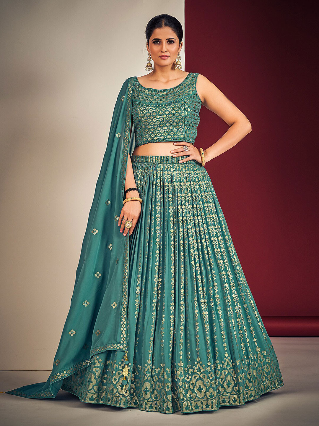 ODETTE Embellished Georgette Ready to Wear Lehenga & Blouse With Dupatta, Teal
ODETTE Embellished Georgette Ready to Wear Lehenga & Blouse With Dupatta, Teal