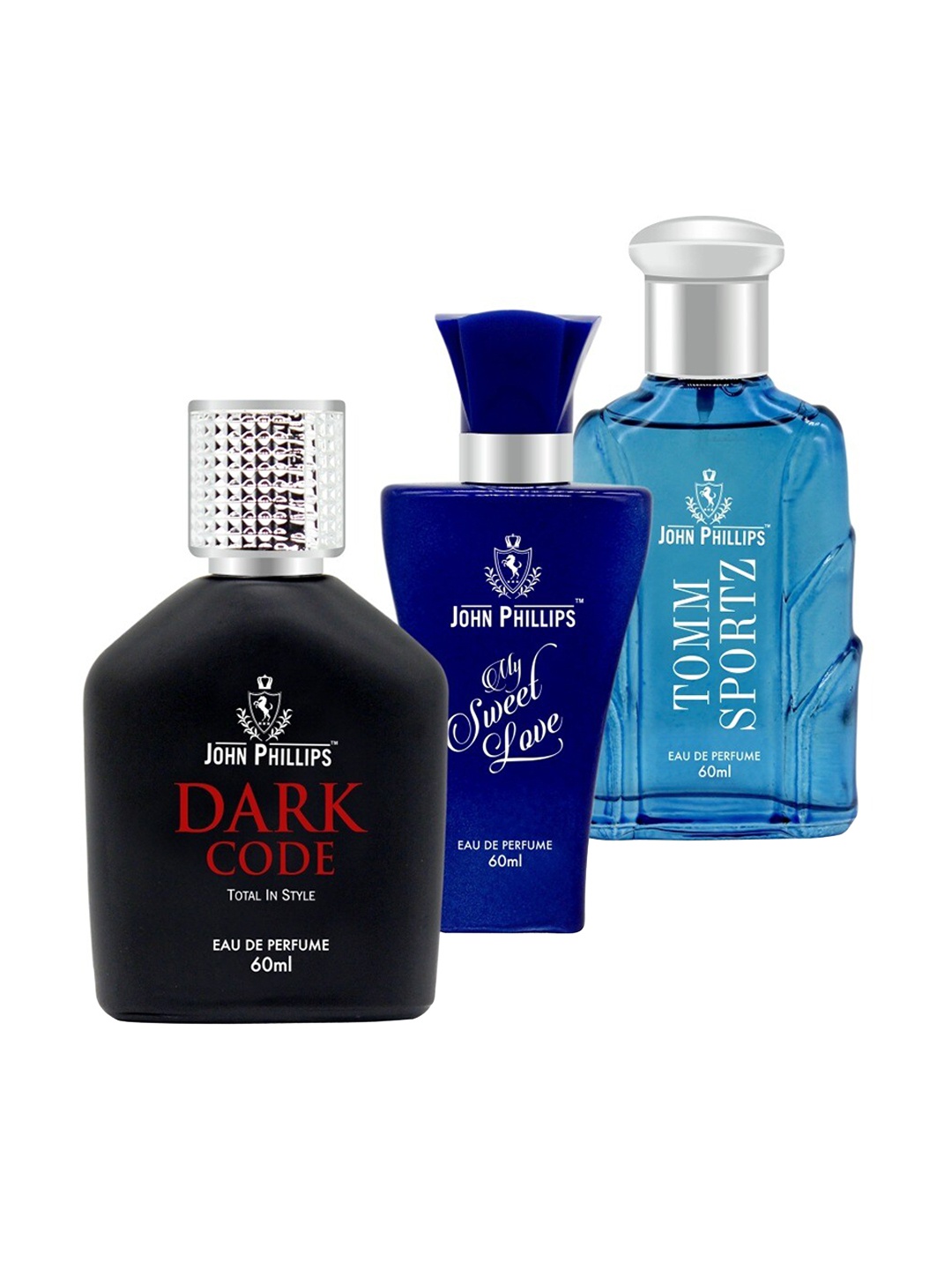 JOHN PHILLIPS Set of 3 Eau De Parfum 60 ml each - Dark Code + My Sweet Love + Tomm Sportz, Blue
JOHN PHILLIPS Set of 3 Eau De Parfum 60 ml each - Dark Code + My Sweet Love + Tomm Sportz, Blue