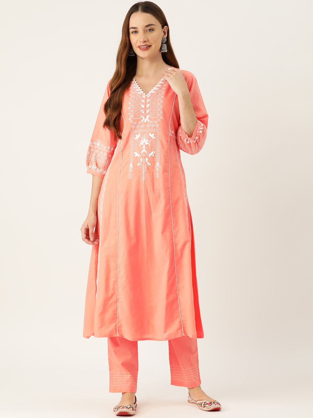 MISRI Women Ethnic Motifs Embroidered Regular Thread Work Pure Cotton Kurta with Trousers, Peach
MISRI Women Ethnic Motifs Embroidered Regular Thread Work Pure Cotton Kurta with Trousers, Peach
