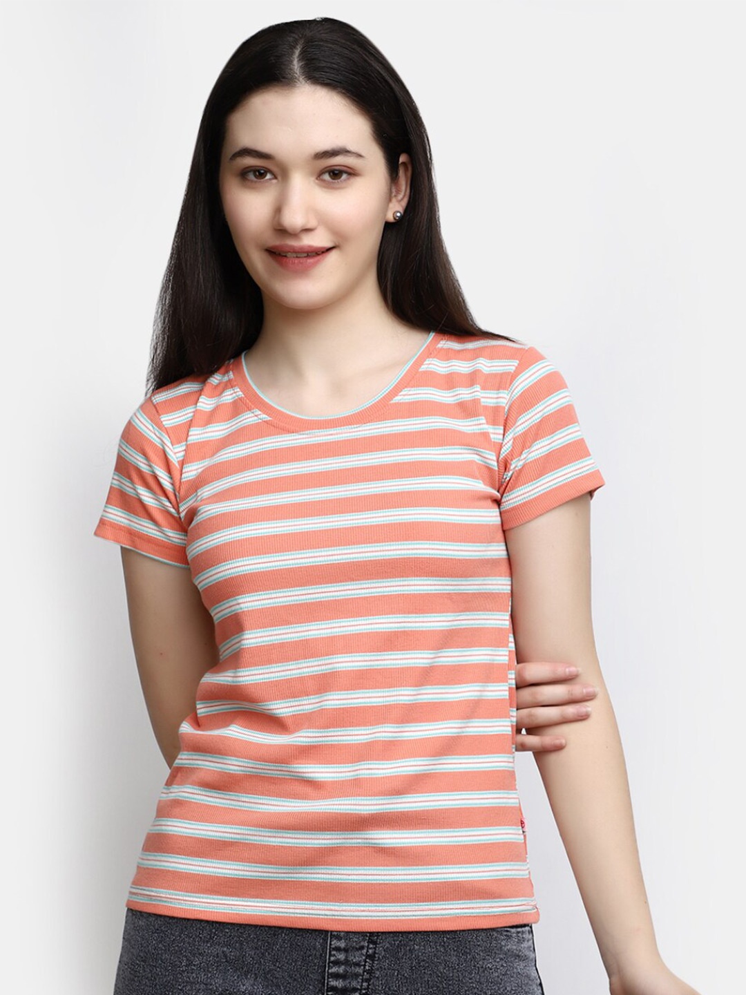 V-Mart Striped Cotton Casual T-Shirt, Orange