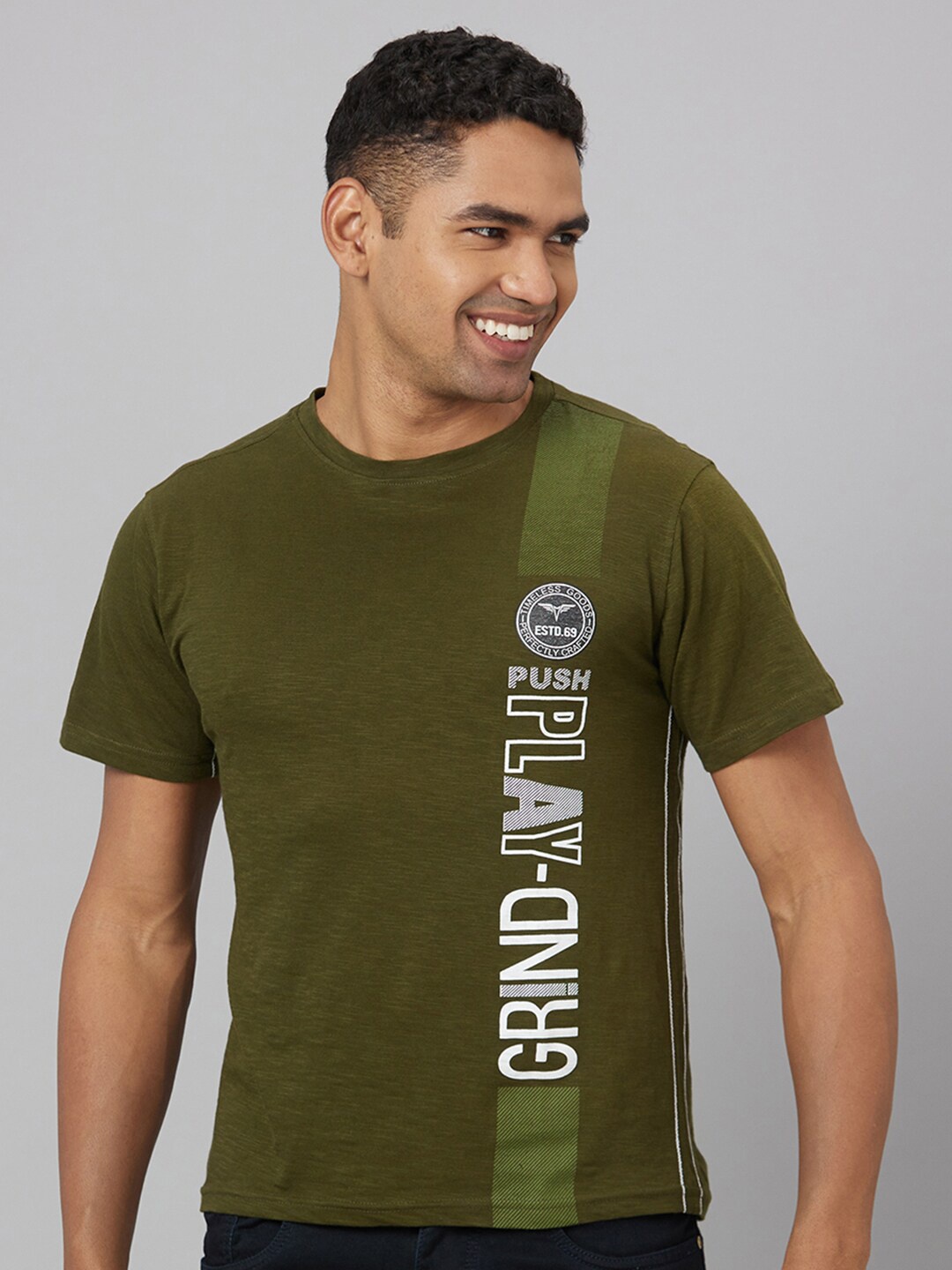 Pontiac Typography Printed Cotton T-Shirt, Olive