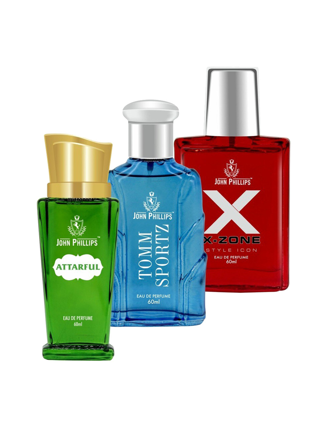 JOHN PHILLIPS Set of 3 Long-Lasting Eau De Perfume 60 ml Each- Attarful - Tomm Sportz - XX-Zone, Green
JOHN PHILLIPS Set of 3 Long-Lasting Eau De Perfume 60 ml Each- Attarful - Tomm Sportz - XX-Zone, Green