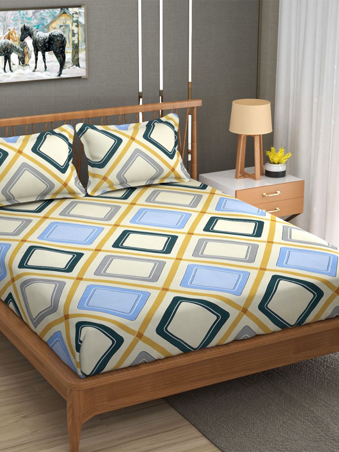Bajo's Blue & Cream-Coloured Geometric 250 TC Fitted King Bedsheet with 2 Pillow Covers
Bajo's Blue & Cream-Coloured Geometric 250 TC Fitted King Bedsheet with 2 Pillow Covers