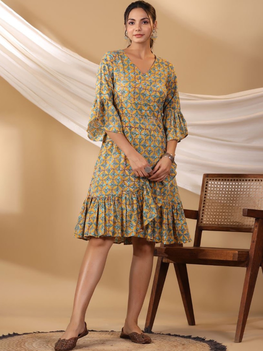 Shuddhi Ethnic Motifs Printed Bell Sleeves Flounce A Line Cotton Ethnic Dress, Mustard
Shuddhi Ethnic Motifs Printed Bell Sleeves Flounce A Line Cotton Ethnic Dress, Mustard
