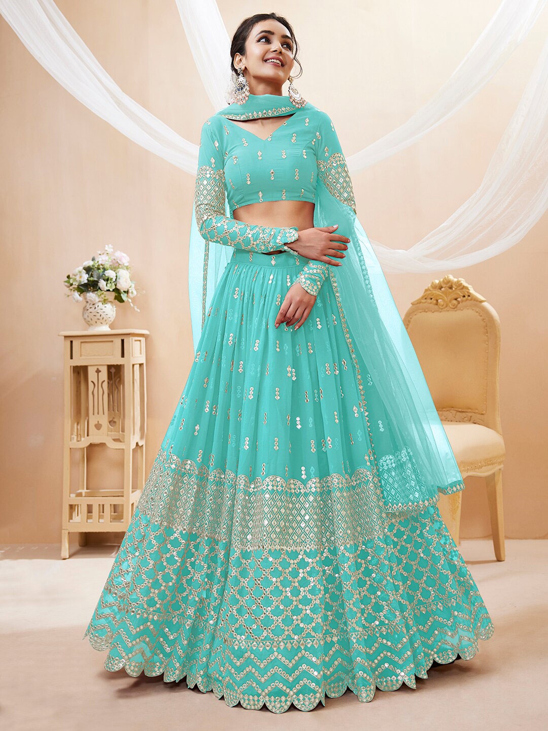 FABPIXEL Embroidered Mirror Work Semi-Stitched Lehenga Choli With Dupatta, Turquoise blue
FABPIXEL Embroidered Mirror Work Semi-Stitched Lehenga Choli With Dupatta, Turquoise blue