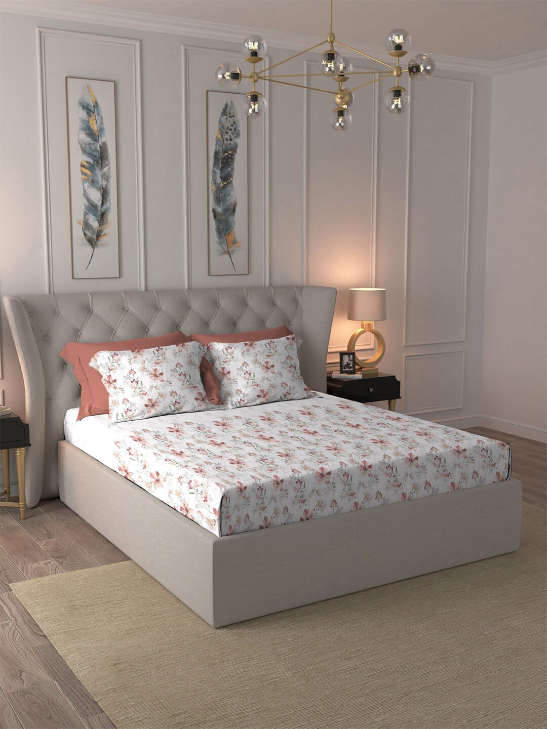 Trident Indulgence White & Beige Floral Cotton 300 TC King Bedsheet With 4 Pillow Covers
Trident Indulgence White & Beige Floral Cotton 300 TC King Bedsheet With 4 Pillow Covers