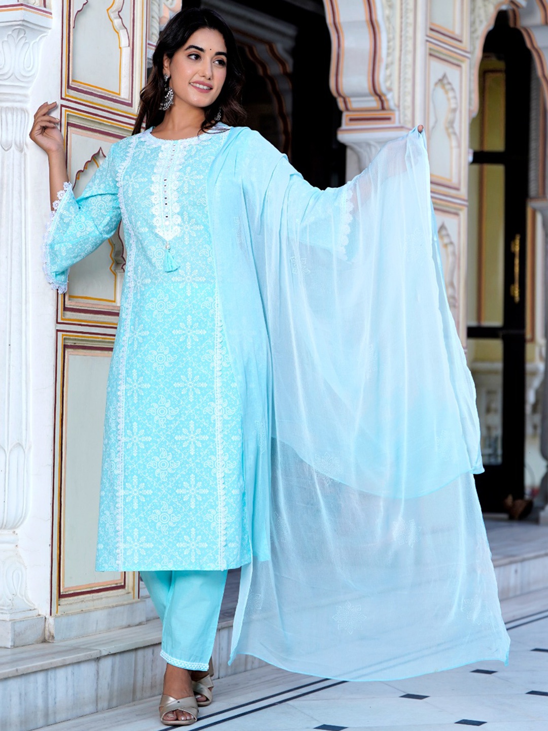 Hatheli Floral Printed Pure Cotton Kurta with Trousers & Dupatta, Teal