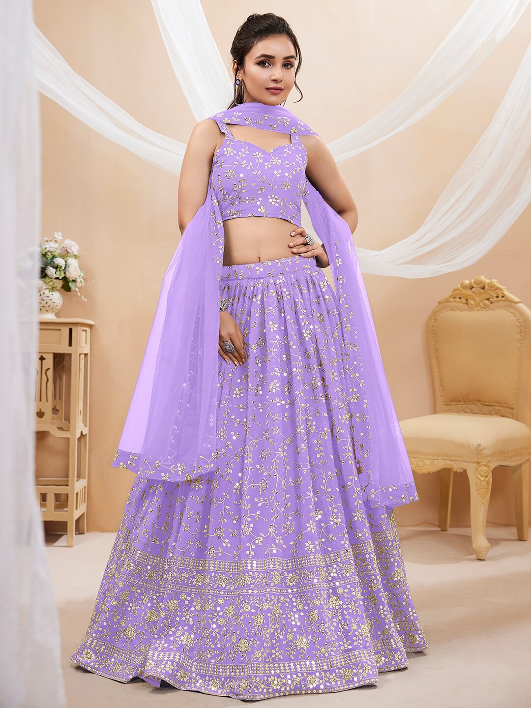 FABPIXEL Lavender & Gold-Toned Embroidered Sequinned Semi-Stitched Lehenga & Unstitched Blouse With Dupatta
FABPIXEL Lavender & Gold-Toned Embroidered Sequinned Semi-Stitched Lehenga & Unstitched Blouse With Dupatta