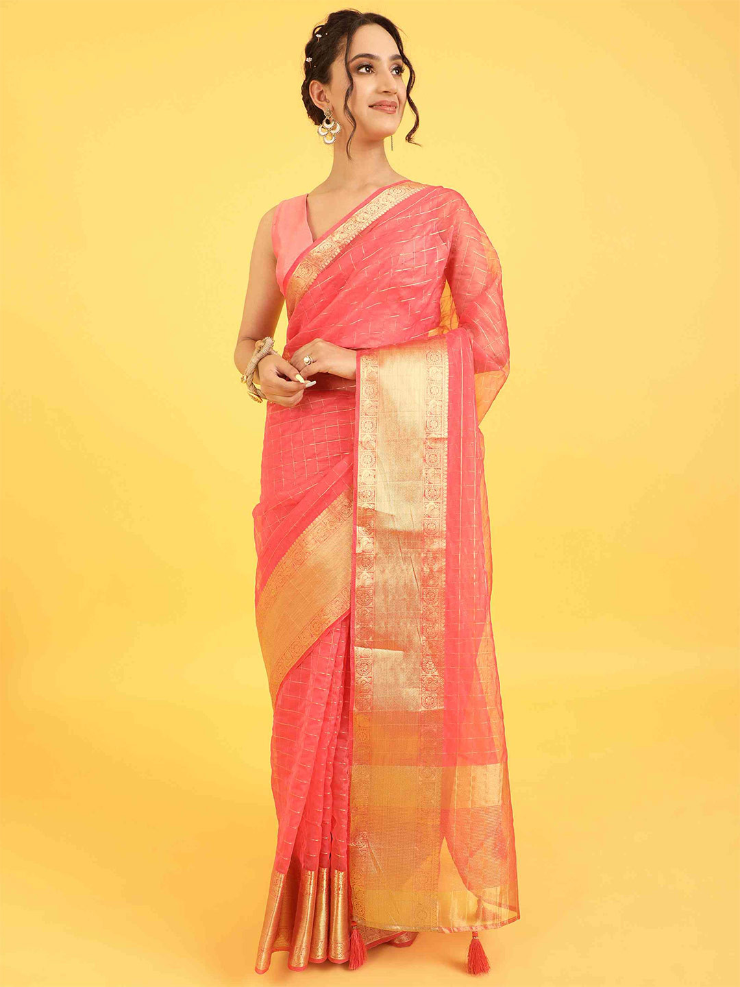 elora Checked Woven Design Zari Organza Bhagalpuri Saree, Pink
elora Checked Woven Design Zari Organza Bhagalpuri Saree, Pink