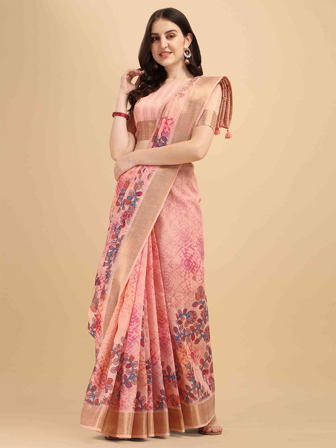 elora Floral Printed Zari Cotton Silk Bhagalpuri Saree, Pink
