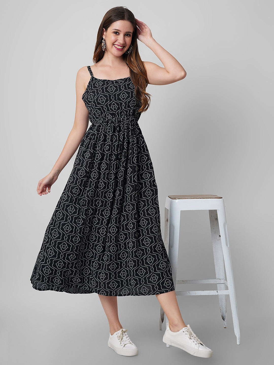 Mollar Bandhani Ethnic Motifs Printed Shoulder Strap Gathered Fit & Flare Midi Dress, Black
Mollar Bandhani Ethnic Motifs Printed Shoulder Strap Gathered Fit & Flare Midi Dress, Black