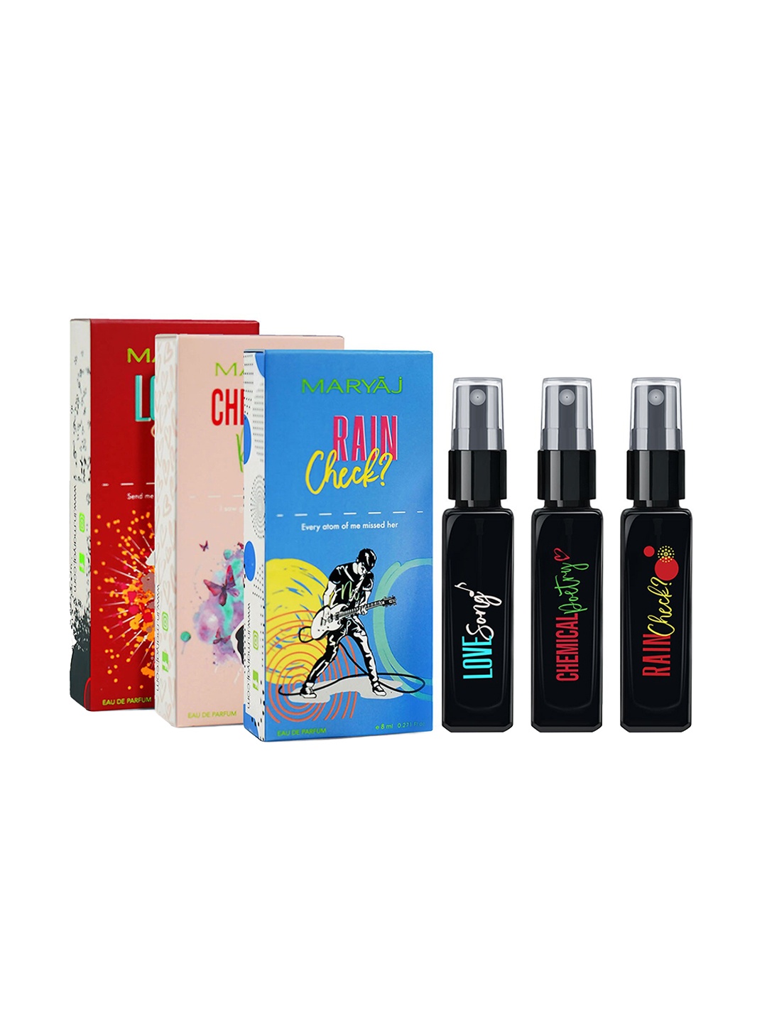 Maryaj Set Of 3 Pocket Friendly EDP 8 ml Each - Chemical poetry - Love song - Rain Check, Black
Maryaj Set Of 3 Pocket Friendly EDP 8 ml Each - Chemical poetry - Love song - Rain Check, Black