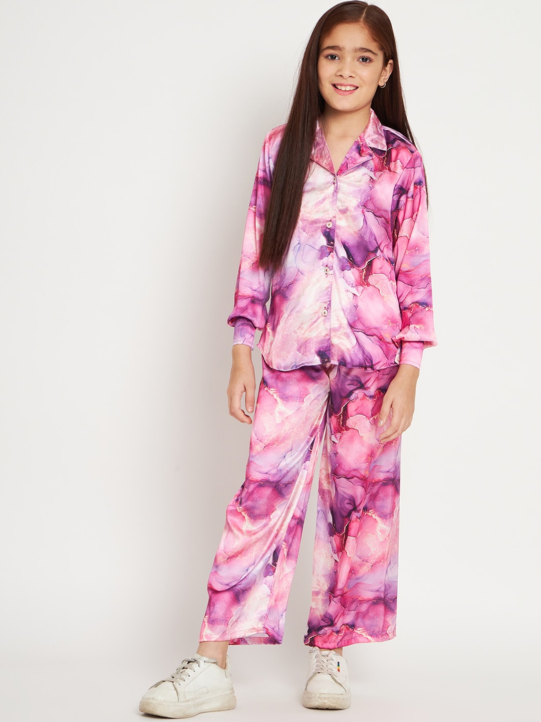 Readiprint Fashions Girls Abstract Printed Satin Shirt With Palazzos, Purple