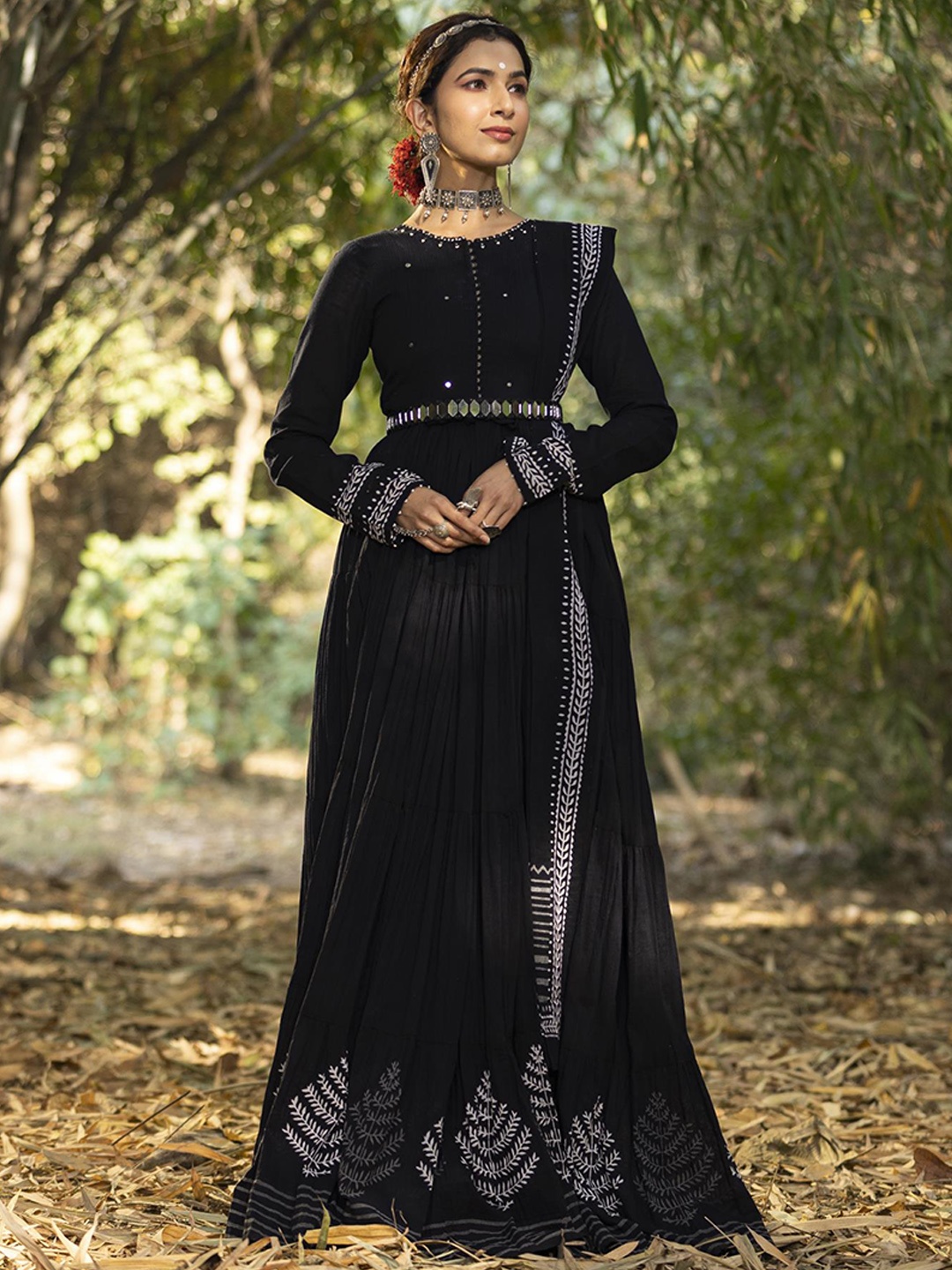 SCAKHI Cotton Anarkali Ethnic Dresses With Dupatta & Mirror Work Belt, Black