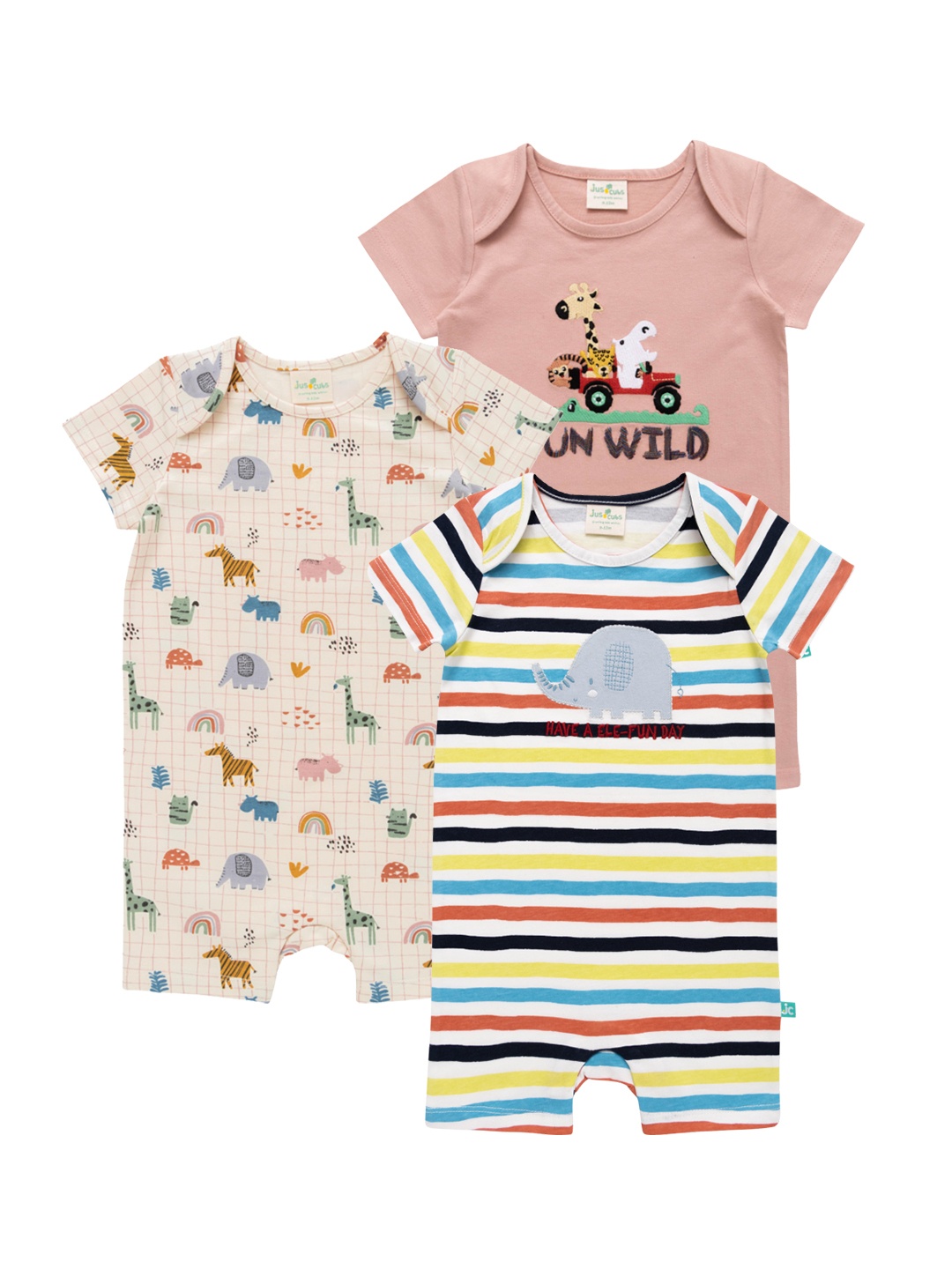 JusCubs Infant Boys Pack Of 3 Printed Cotton Rompers, White