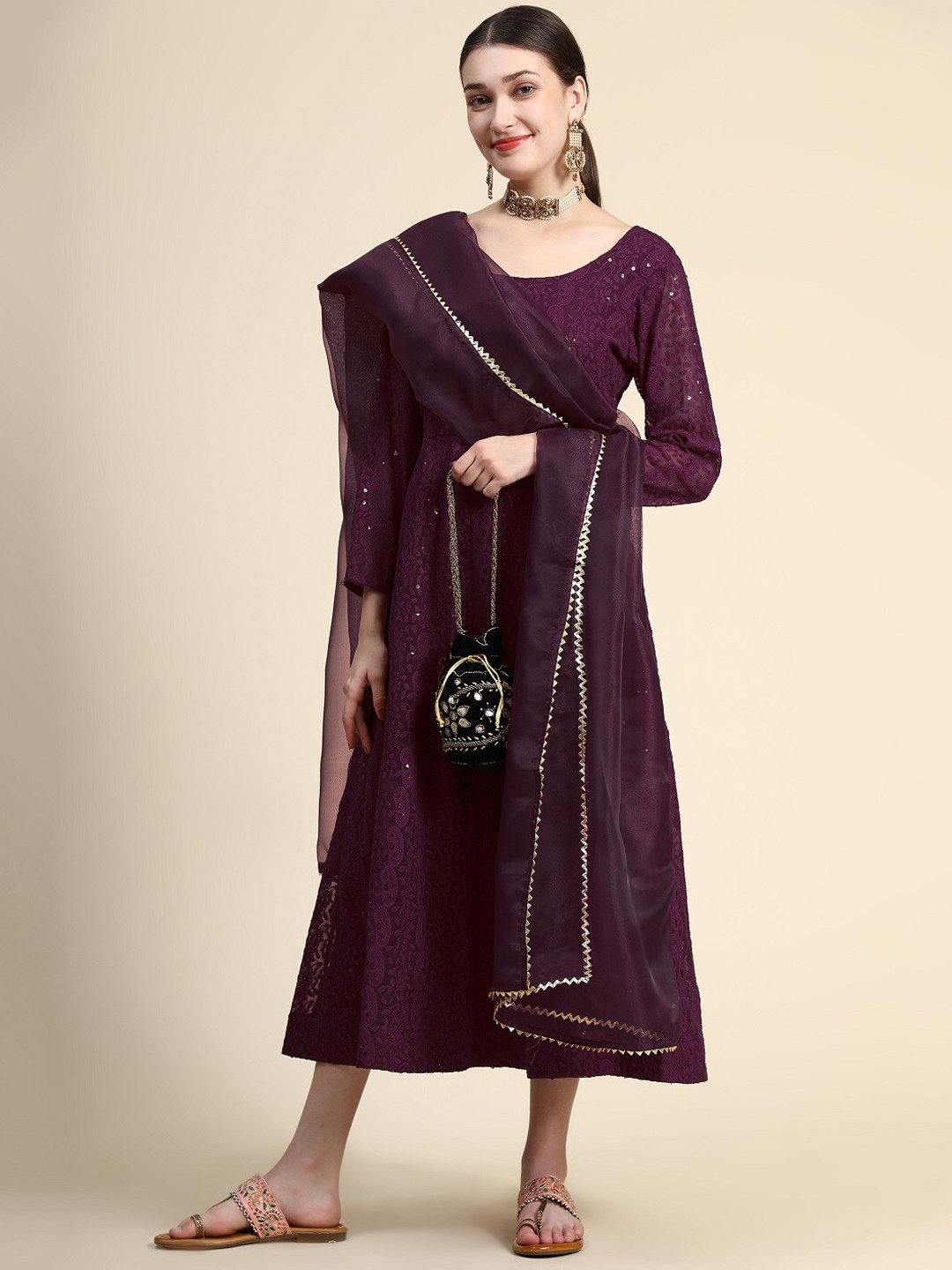 KALINI Ethnic Motifs Embroidered Sequinned A-Line Ethnic Dress Wirh Dupatta, Burgundy
KALINI Ethnic Motifs Embroidered Sequinned A-Line Ethnic Dress Wirh Dupatta, Burgundy