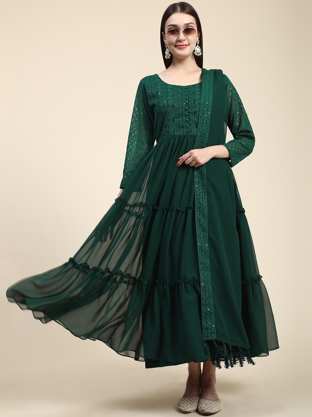 KALINI Sequinned Embroidered Chikankari Georgette Ethnic Maxi Dress With Dupatta, Green
KALINI Sequinned Embroidered Chikankari Georgette Ethnic Maxi Dress With Dupatta, Green