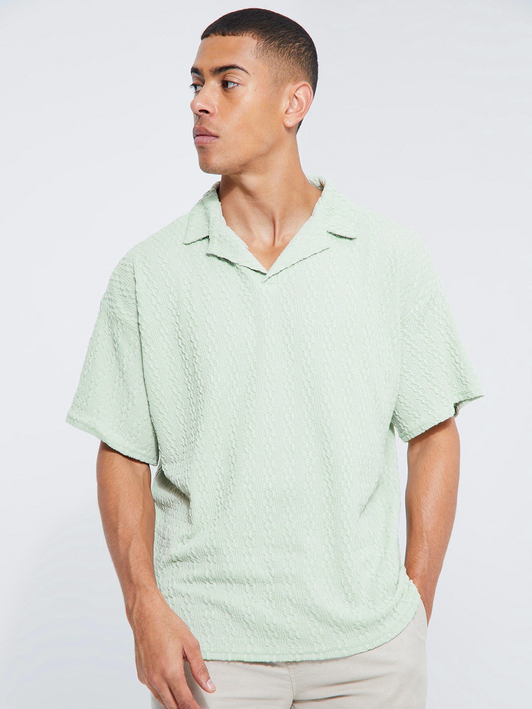 boohooMAN Oversized Textured Cuban Collar Drop Shoulder T-shirt, Green