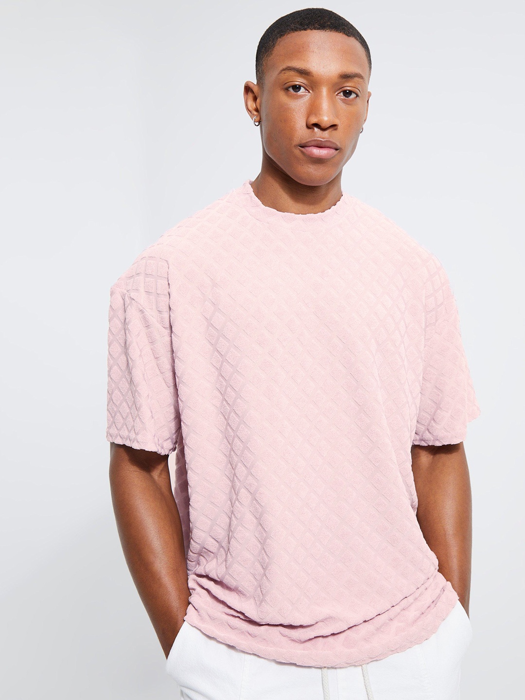 boohooMAN Textured Drop-Shoulder Towelling Oversized T-shirt, Pink