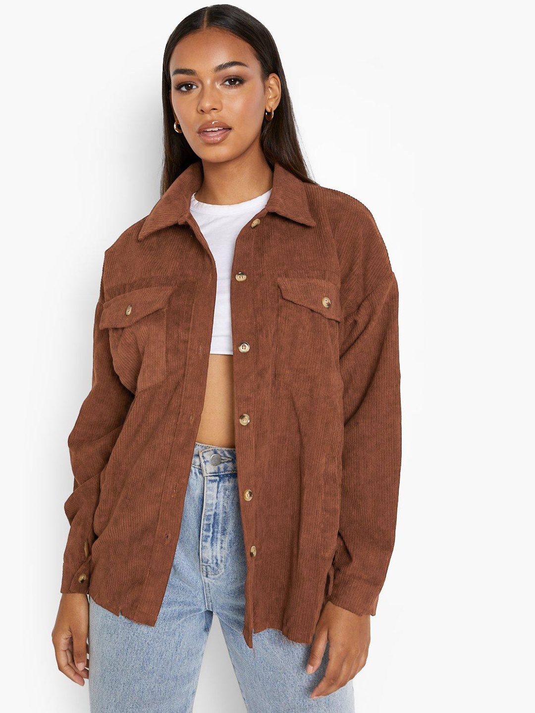 Boohoo Oversized Corduroy Casual Shirt, Coffee brown