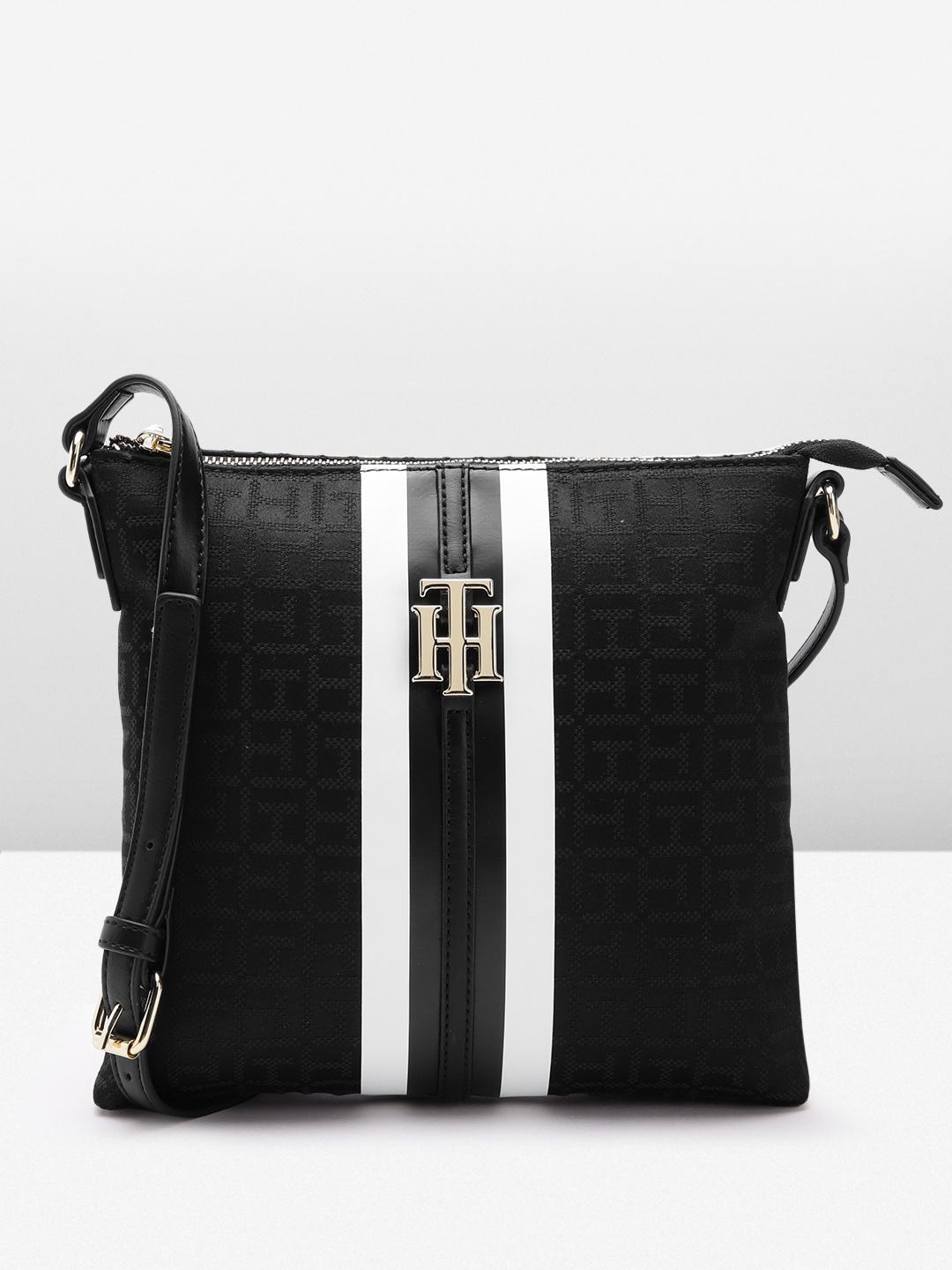 Tommy Hilfiger Brand Logo Design Structured Sling Bag, Black
