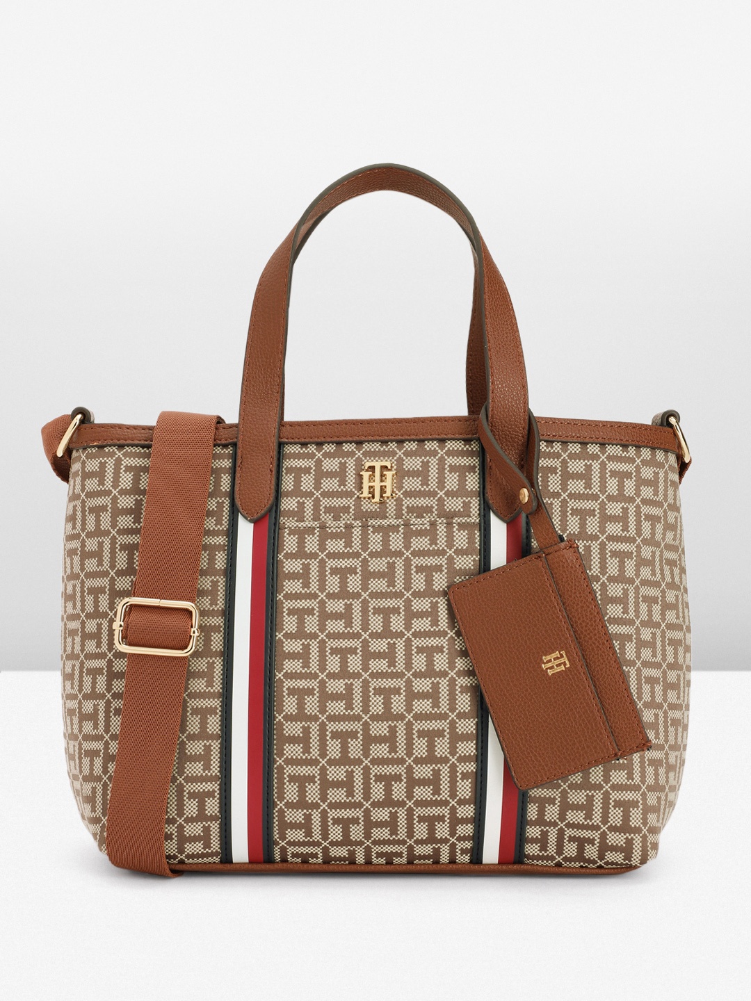 Tommy Hilfiger Brand Logo Embroidered Structured Handheld Bag with Cardholder, Brown
Tommy Hilfiger Brand Logo Embroidered Structured Handheld Bag with Cardholder, Brown