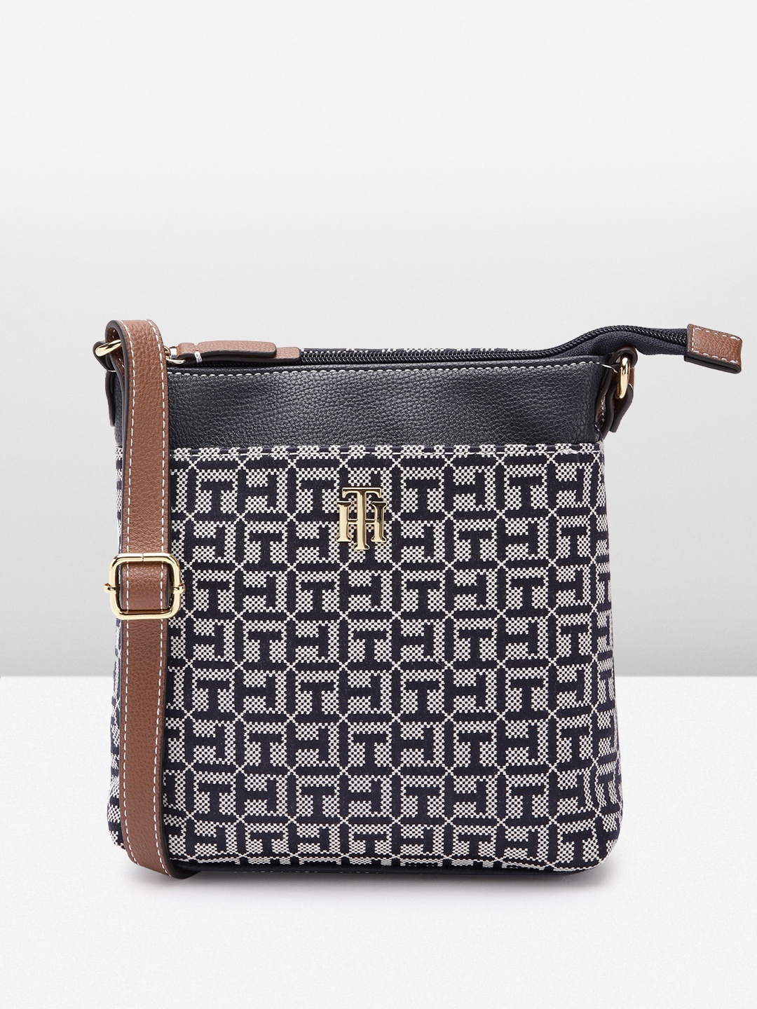 Tommy Hilfiger Brand Logo Woven Structured Sling Bag, Black