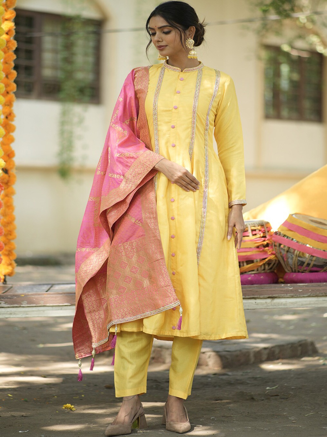WEAVLLITE Striped Embroidered Gotta Patti Anarkali Kurta & Trousers With Dupatta, Yellow
WEAVLLITE Striped Embroidered Gotta Patti Anarkali Kurta & Trousers With Dupatta, Yellow