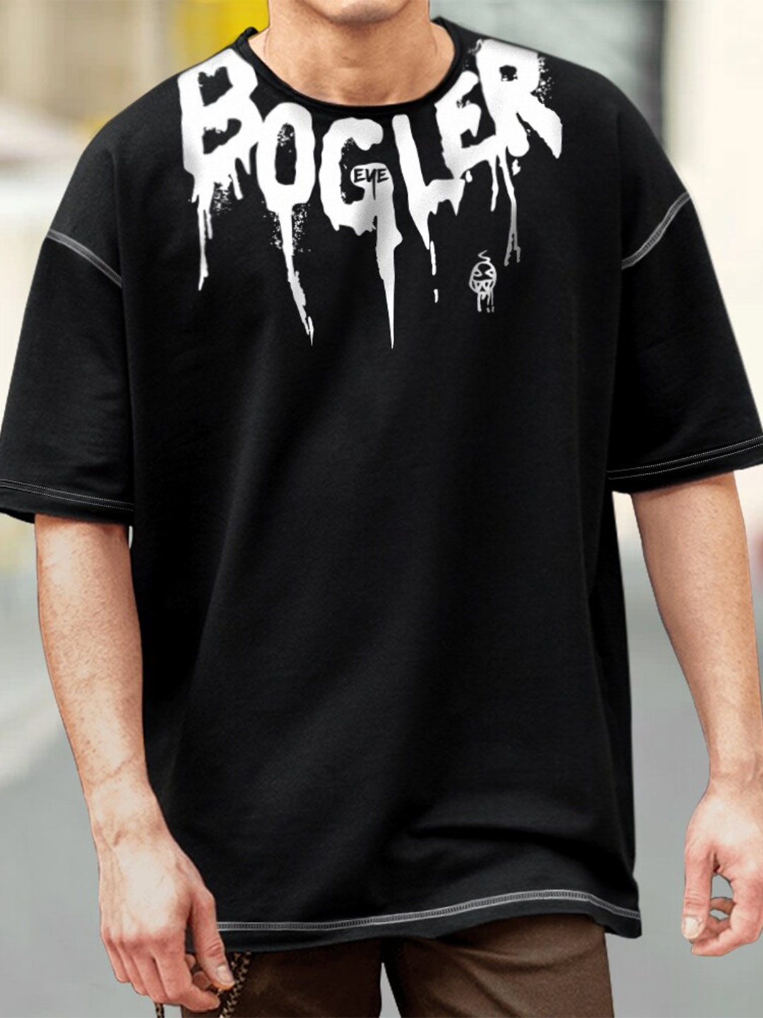 Eyebogler Typography Printed Drop-Shoulder Sleeves Oversize Cotton T-Shirt, Black