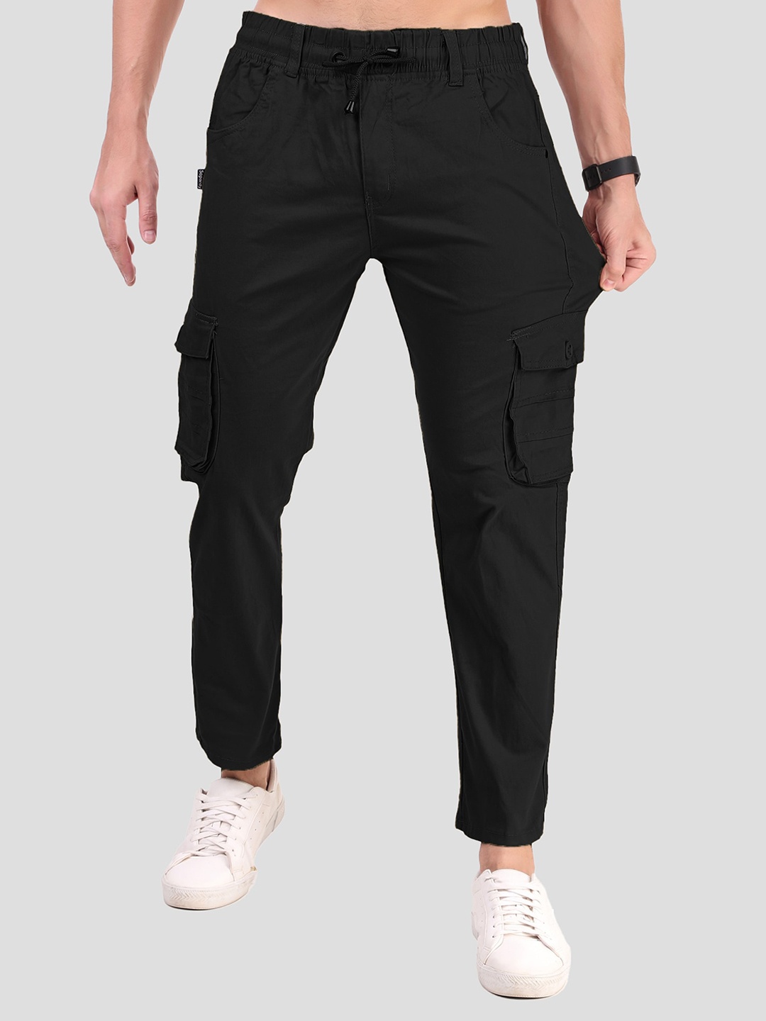 PLUS 91 Men High-Rise Cotton Cargos, Black