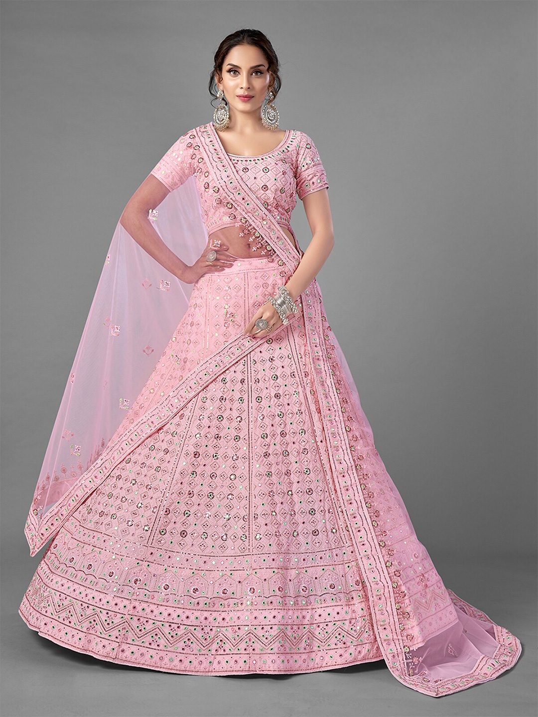ODETTE Pink & Green Embroidered Mirror Work Semi-Stitched Lehenga & Unstitched Blouse With Dupatta
ODETTE Pink & Green Embroidered Mirror Work Semi-Stitched Lehenga & Unstitched Blouse With Dupatta