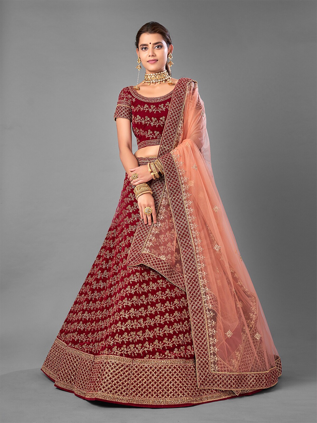 ODETTE Maroon & Peach-Coloured Embroidered Thread Work Semi-Stitched Lehenga & Unstitched Blouse With Dupatta
ODETTE Maroon & Peach-Coloured Embroidered Thread Work Semi-Stitched Lehenga & Unstitched Blouse With Dupatta