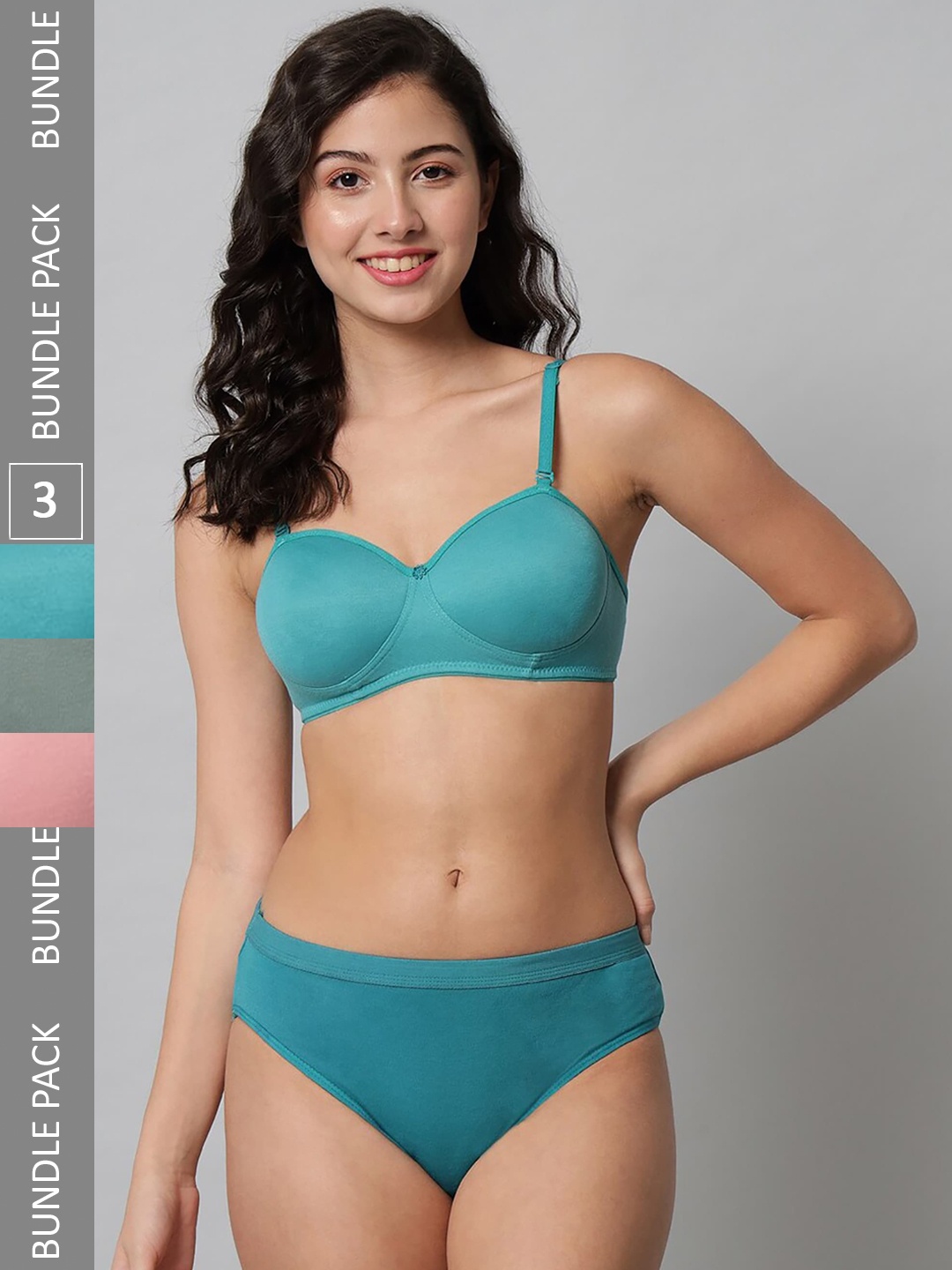 PIBU Pack Of 3 Non-Padded Lingerie Sets FC_R_Demi Set_Blue,Pink,Green_30, Teal