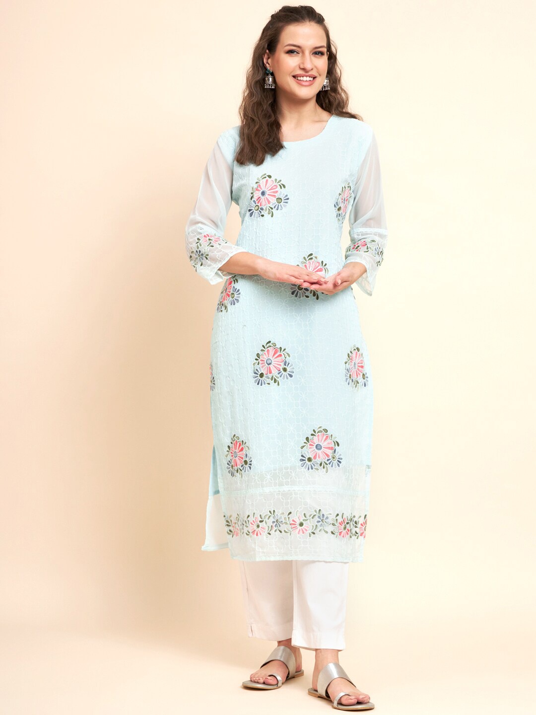 VAIRAGEE Floral Embroidered Thread Work Pure Georgette Straight Kurta, Blue
VAIRAGEE Floral Embroidered Thread Work Pure Georgette Straight Kurta, Blue