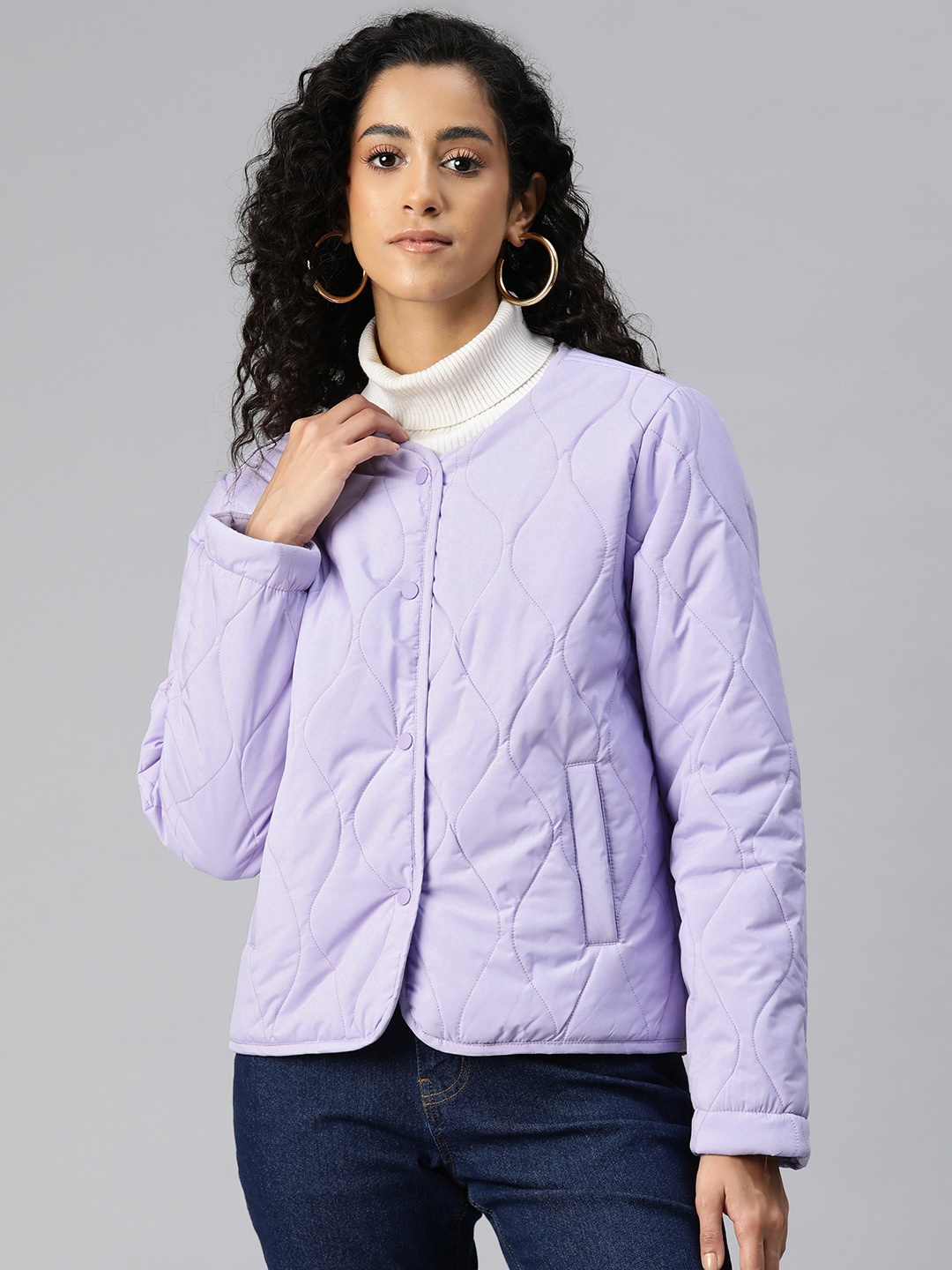 Foreign Culture By Fort Collins V-Neck Quilted Padded Jacket, Lavender