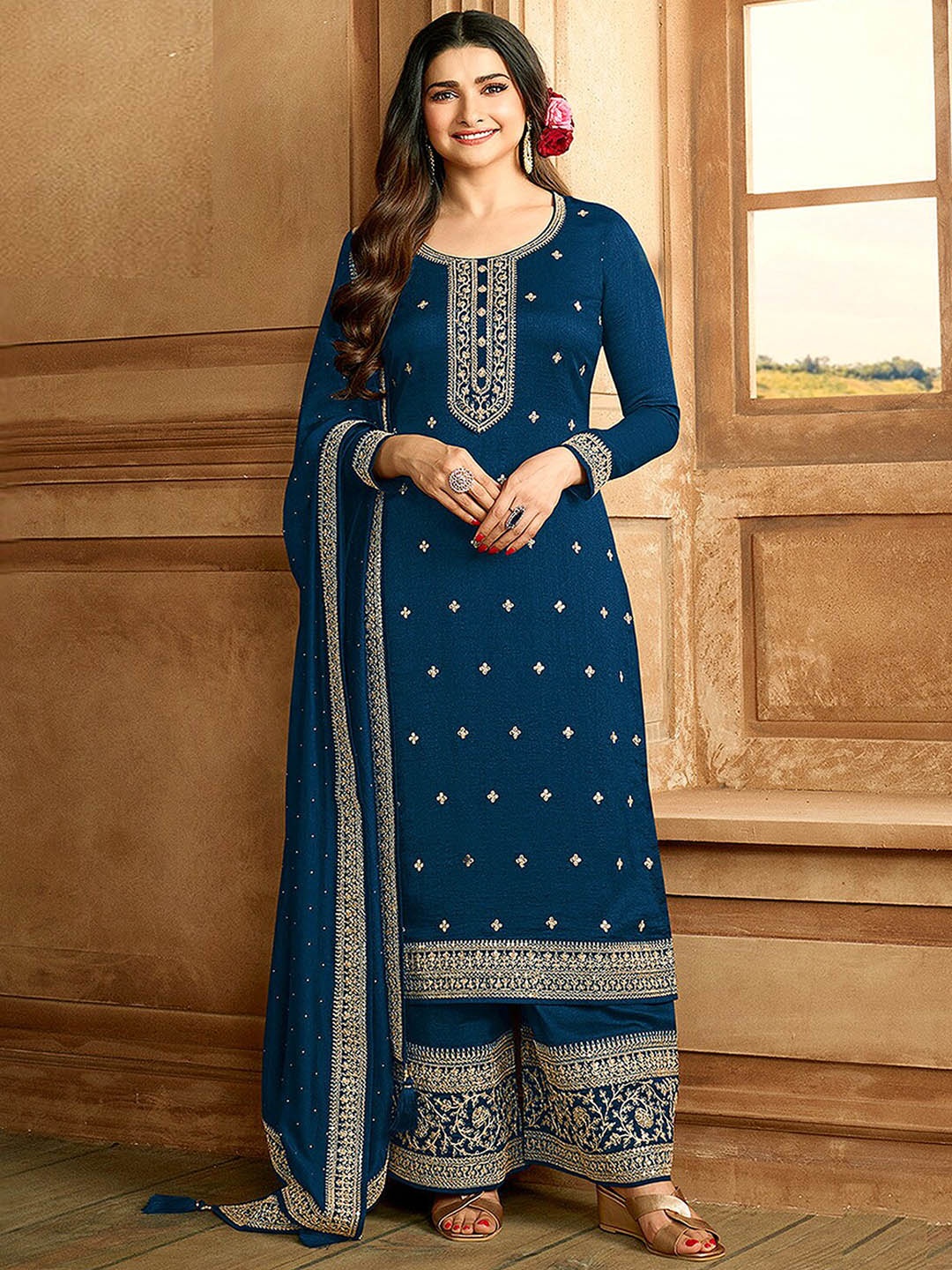 ODETTE Ethnic Motifs Embroidered Thread Work Semi Stitched Kurta with Palazzos & Dupatta, Blue
ODETTE Ethnic Motifs Embroidered Thread Work Semi Stitched Kurta with Palazzos & Dupatta, Blue