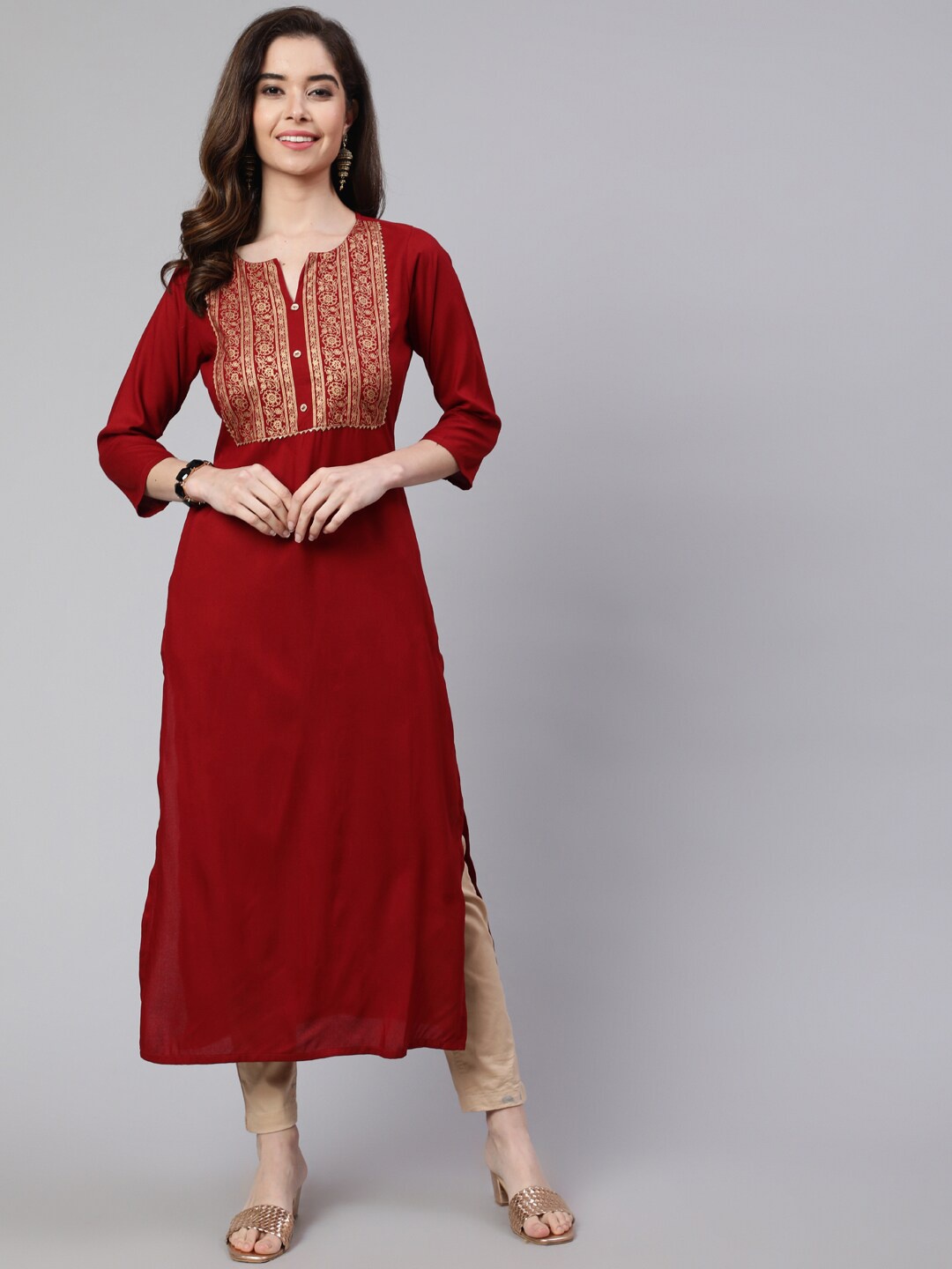 Nayo Floral Printed Round Neck Kurta, Maroon