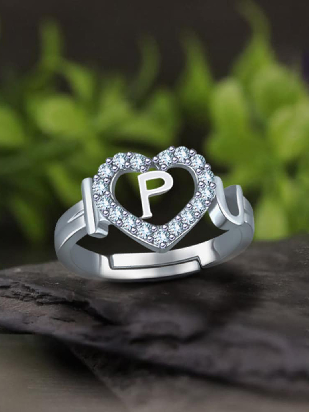 MEENAZ Silver-Plated AD-Studded Alphabet P Adjustable Finger Ring
MEENAZ Silver-Plated AD-Studded Alphabet P Adjustable Finger Ring