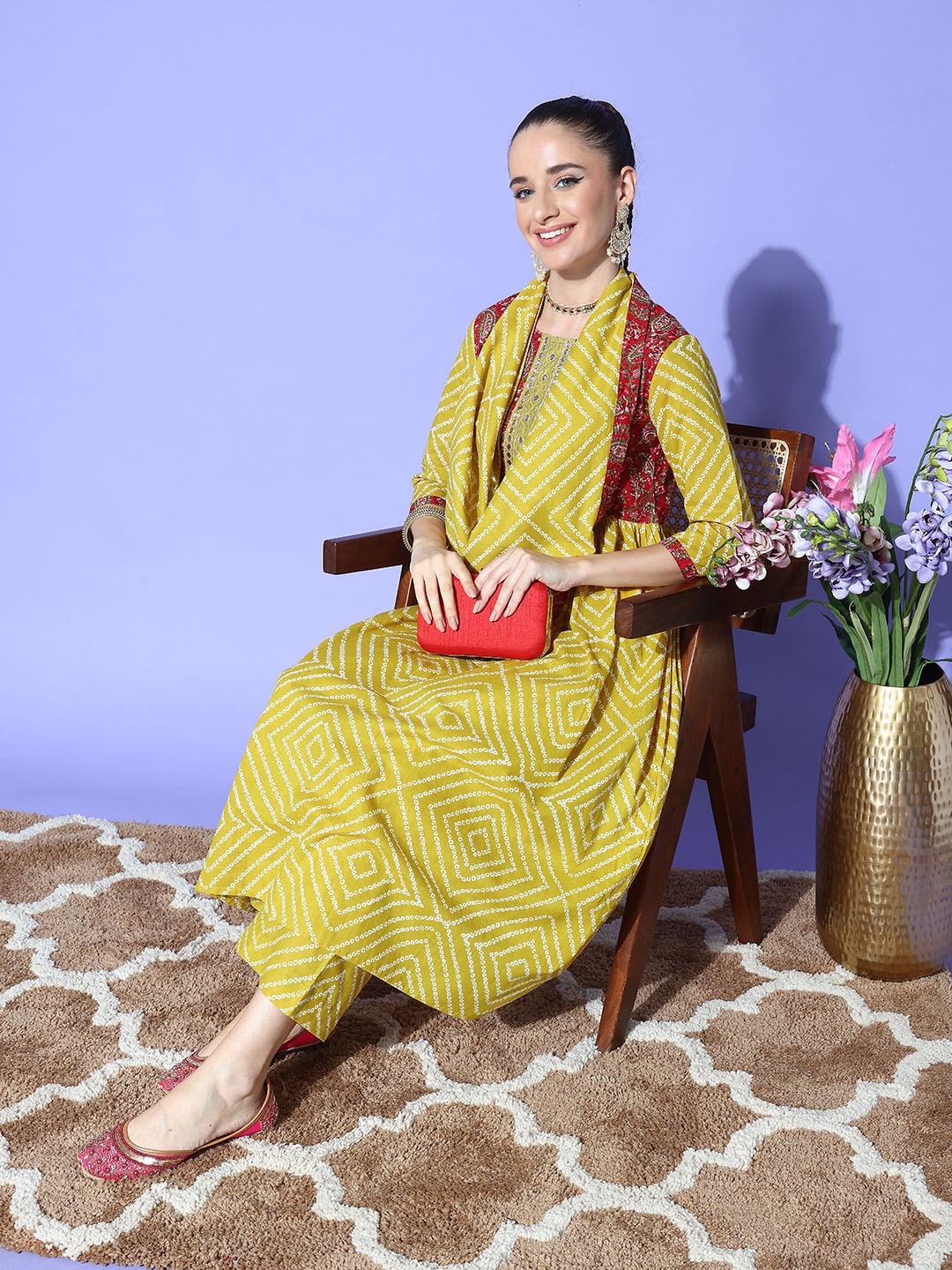 Sangria Bandhani Printed Mirror Work Detail Pure Cotton Kurta Set With Scarf, Mustard
Sangria Bandhani Printed Mirror Work Detail Pure Cotton Kurta Set With Scarf, Mustard