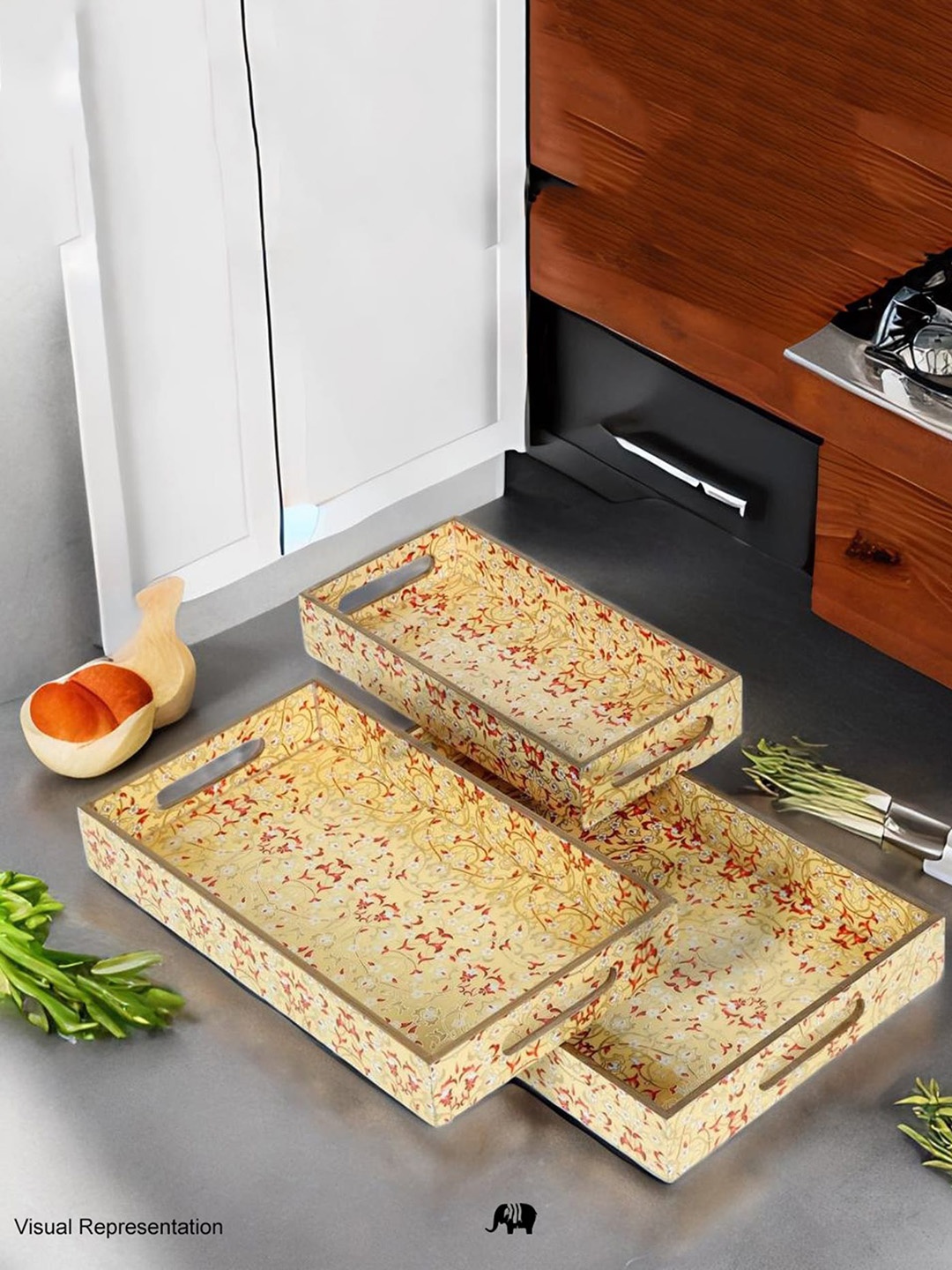 CASA DECOR 3-Pcs Yellow & Beige Printed & Enamel Wooden Trays
