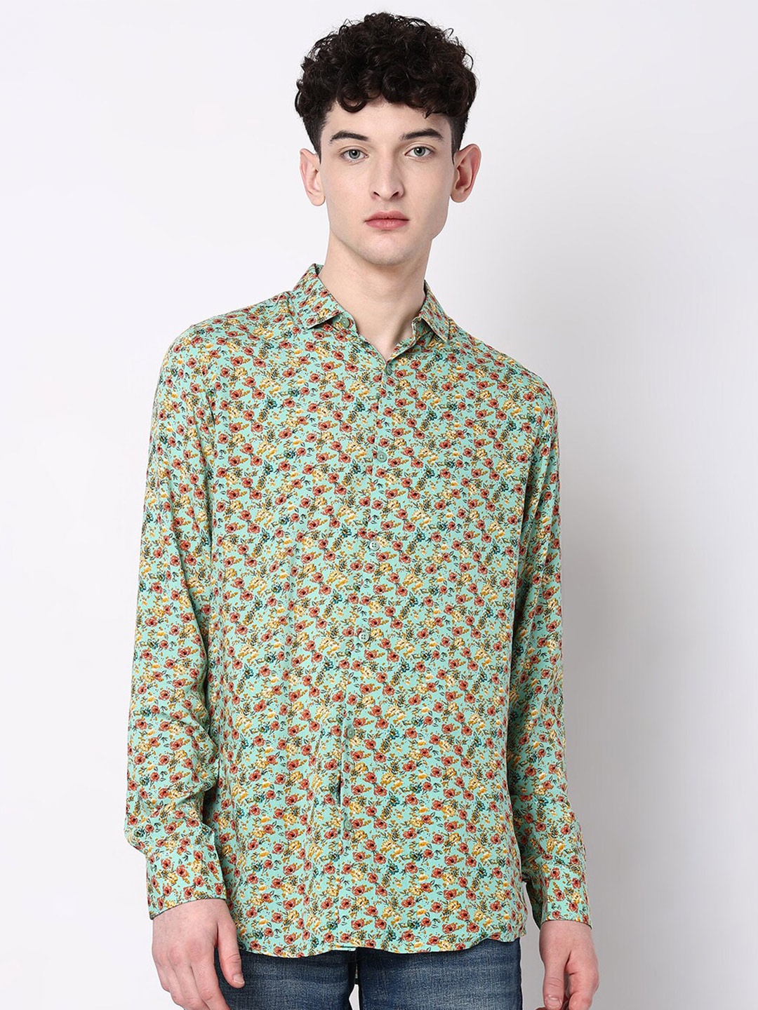 7Shores Classic Floral Printed Cutaway Collar Casual Shirt, Green