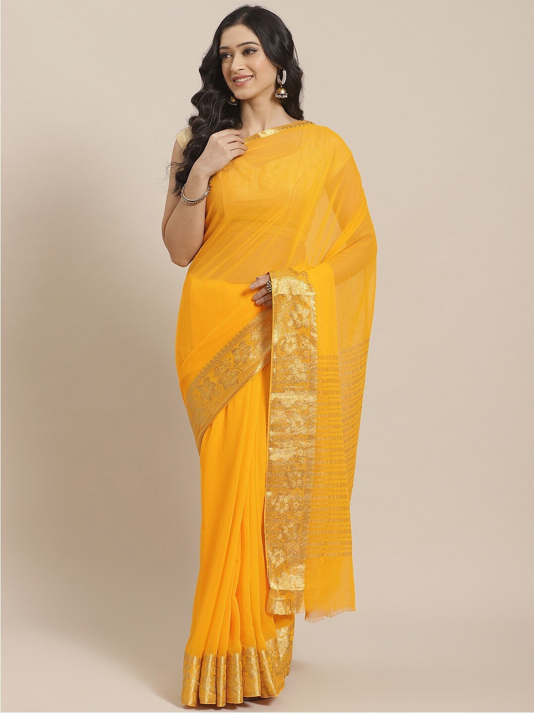 KALINI Zari Kanjeevaram Saree, Mustard