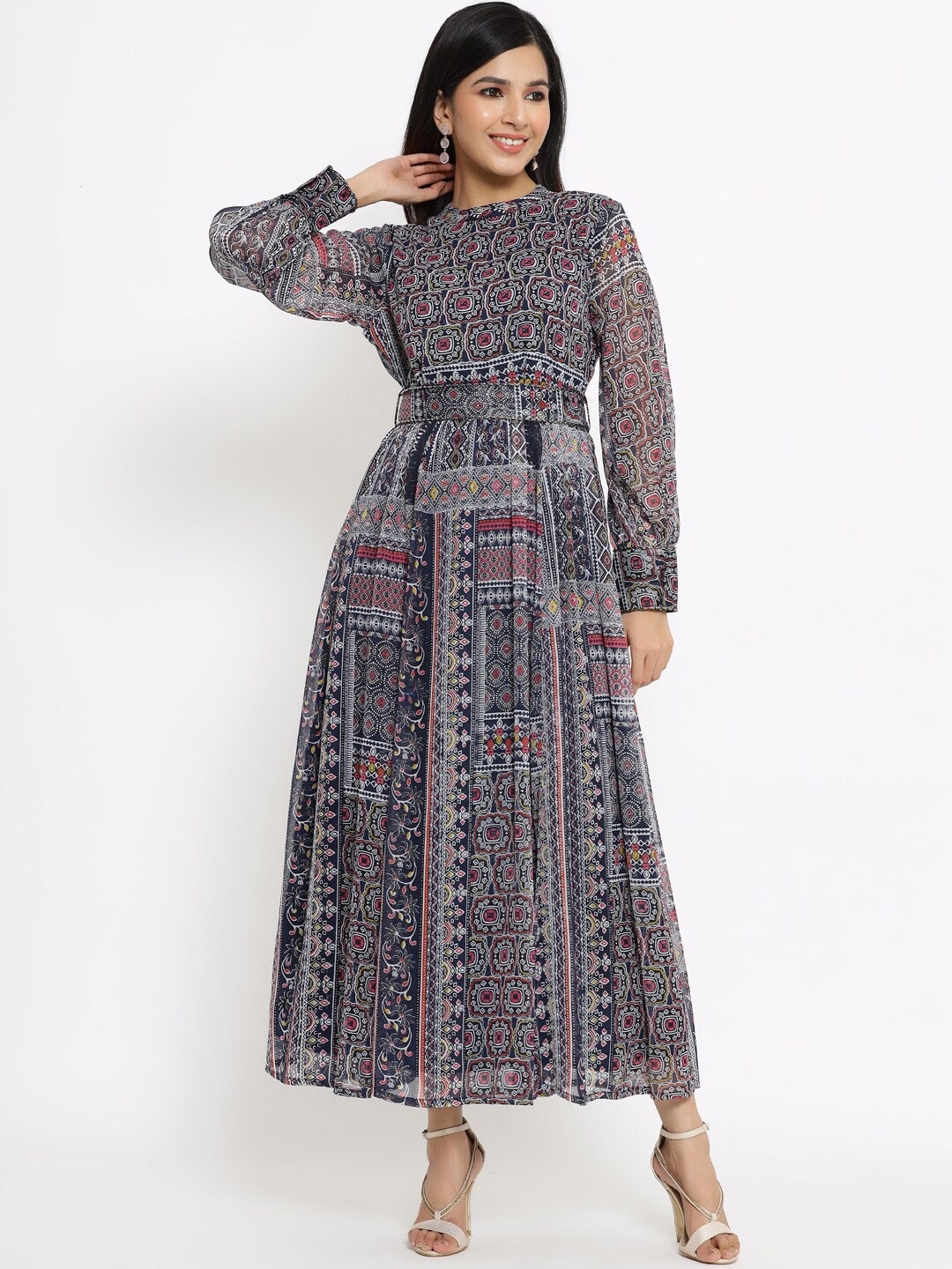 Juniper Ethnic Motifs Printed Cuffed Sleeves Belted Fit & Flare Chiffon Ethnic Dresses, Navy blue
Juniper Ethnic Motifs Printed Cuffed Sleeves Belted Fit & Flare Chiffon Ethnic Dresses, Navy blue