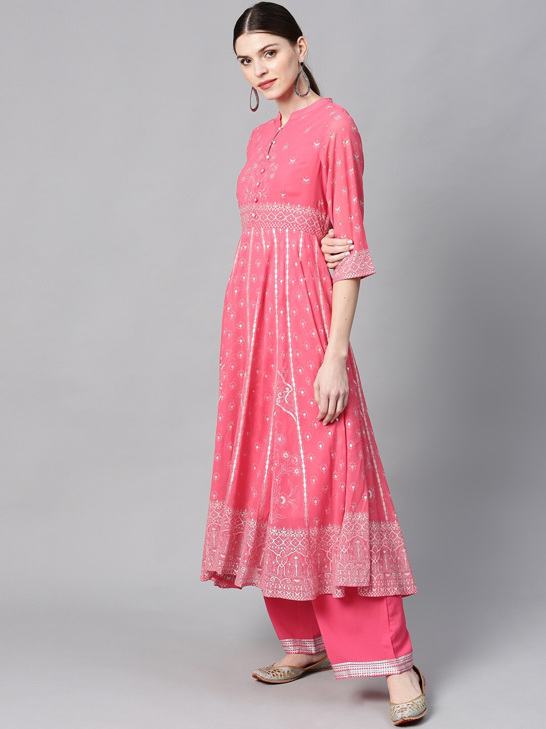 Juniper Ethnic Motifs Printed Panelled Kurta with Palazzos, Coral
