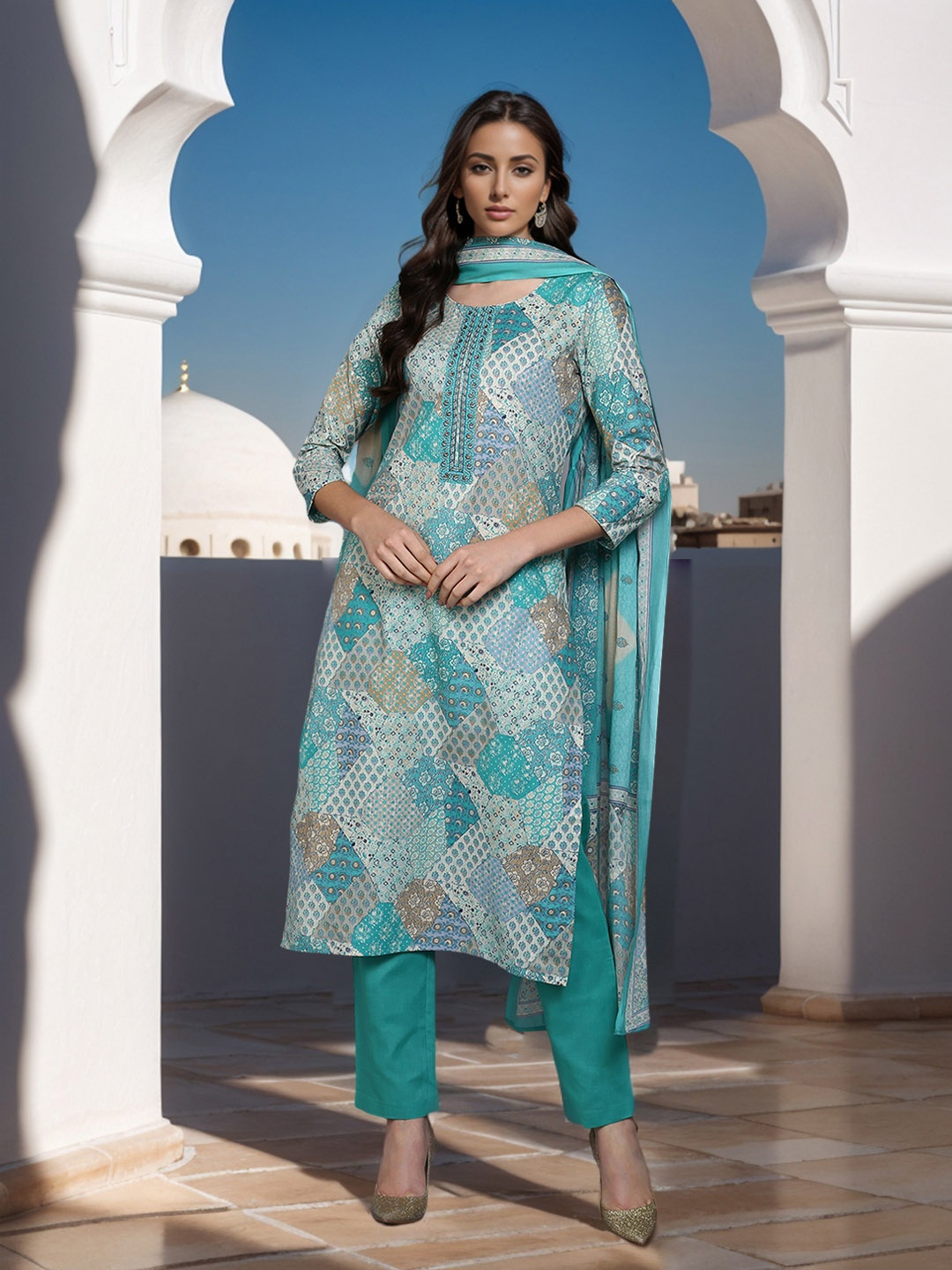 AHIKA Turquoise Blue Ethnic Printed Thread Work Pure Cotton Kurta with Trousers & Dupatta
AHIKA Turquoise Blue Ethnic Printed Thread Work Pure Cotton Kurta with Trousers & Dupatta