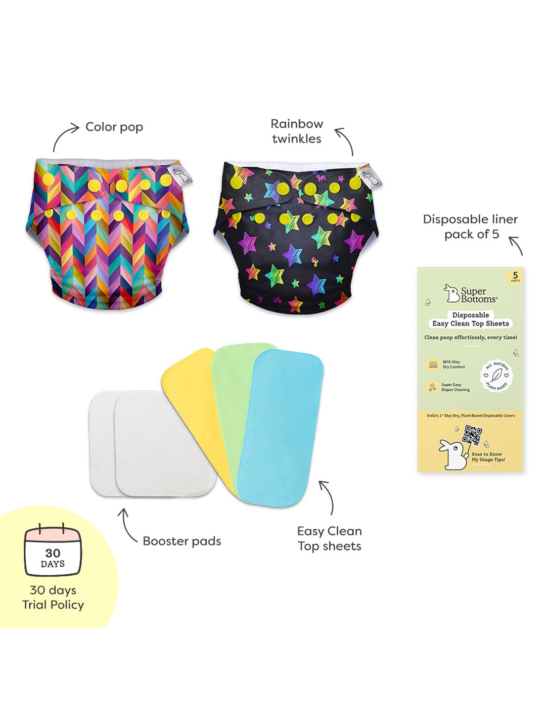 SuperBottoms UNO Kids 2 Printed Cloth Diapers -3 Top Sheets-2 Booster Pads & 5 Sheets, Pink
SuperBottoms UNO Kids 2 Printed Cloth Diapers -3 Top Sheets-2 Booster Pads & 5 Sheets, Pink