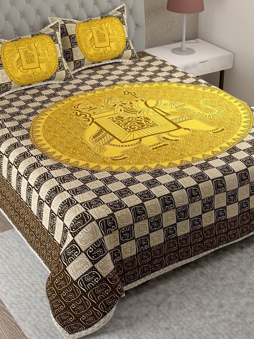 Lali Prints Block Print Brown & Yellow Printed Cotton 180 TC King Bedsheet & Pillow Covers
Lali Prints Block Print Brown & Yellow Printed Cotton 180 TC King Bedsheet & Pillow Covers