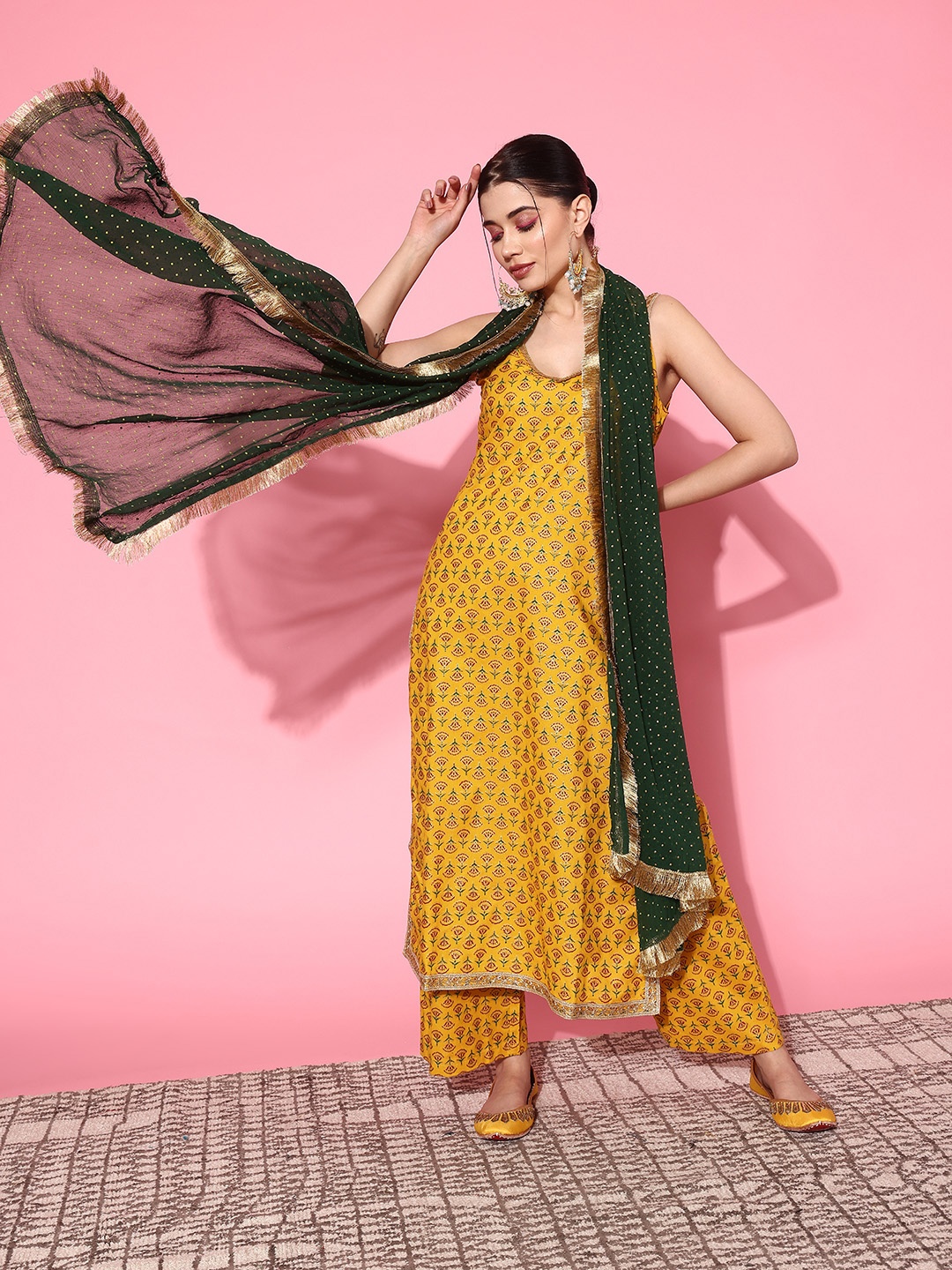 Varanga Ethnic Motifs Printed Regular Sequinned Kurta with Palazzos & Dupatta, Yellow
Varanga Ethnic Motifs Printed Regular Sequinned Kurta with Palazzos & Dupatta, Yellow
