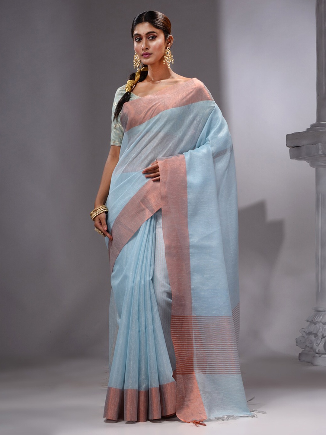 HOUSE OF BEGUM Zari Pure Linen Banarasi Saree, Blue